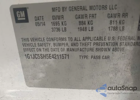 2014 Chevrolet Sonic Lt Auto z USA, uszkodzony, nr VIN 1G1JC5SH5E4211571